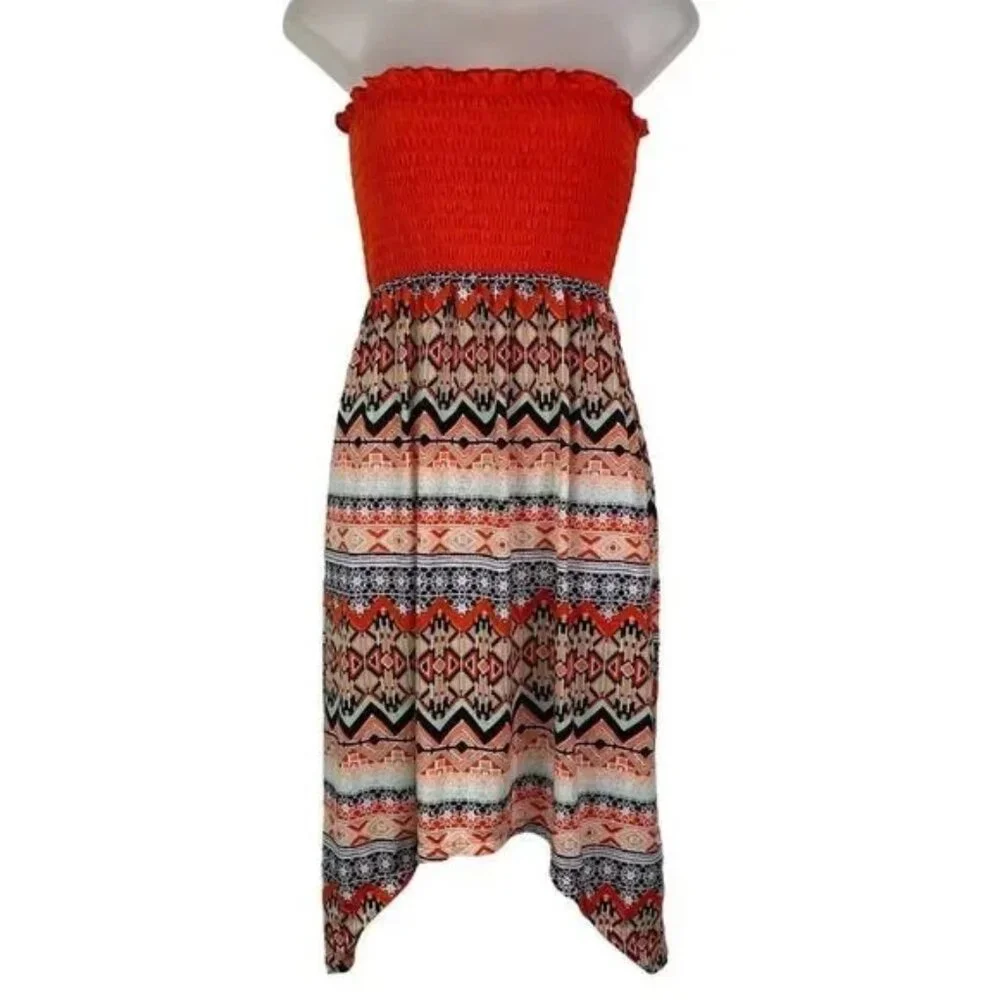 B&B BOUTIQUE WOMEN'S STRAPLESS ELASTIC TOP FLOWY AZTEC PRINT‎ DRESS MEDIUM-EUC